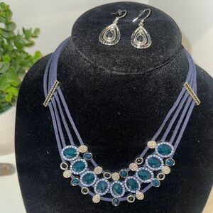 Elegant Blue and Silver Statement Necklace and Earring Set